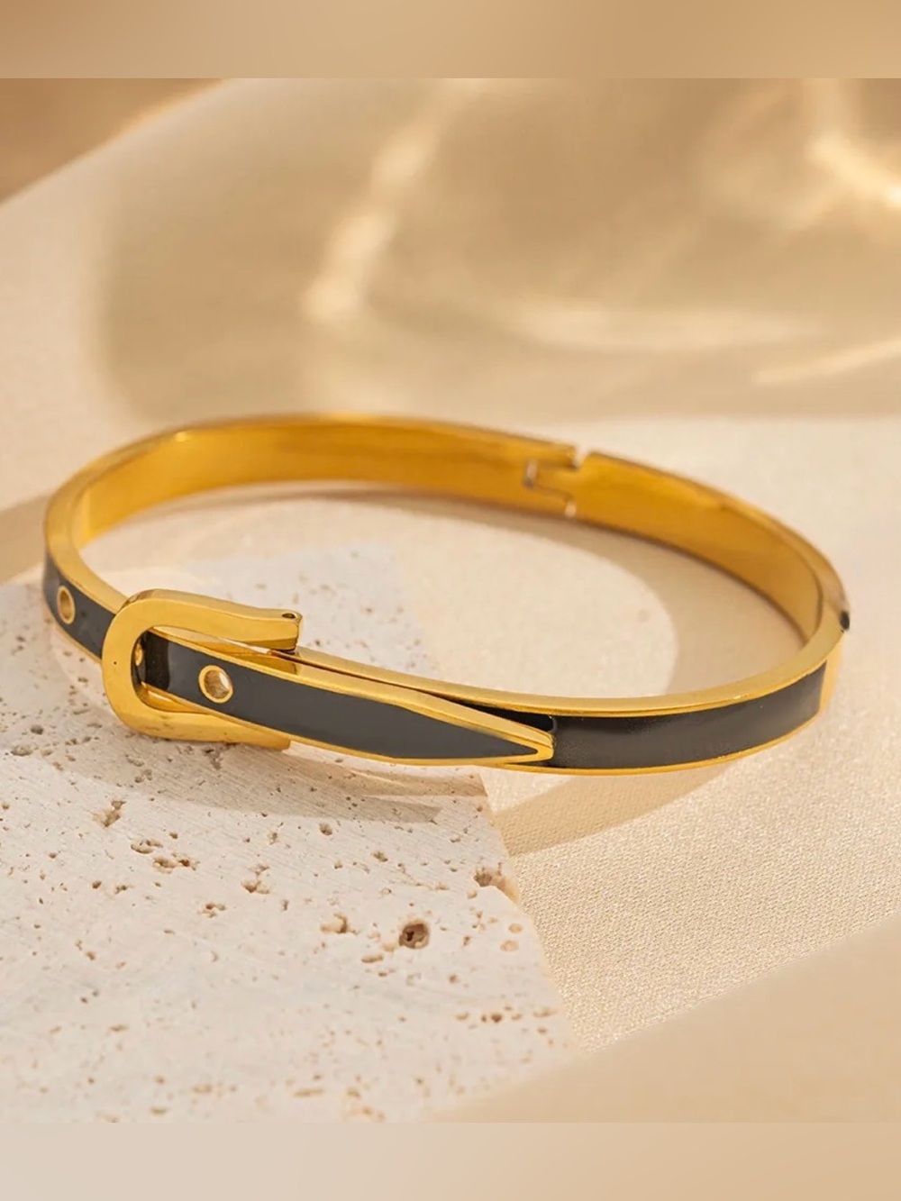 Gold-Tone Belt Buckle Bangle Bracelet in Black Enamel stainless steel